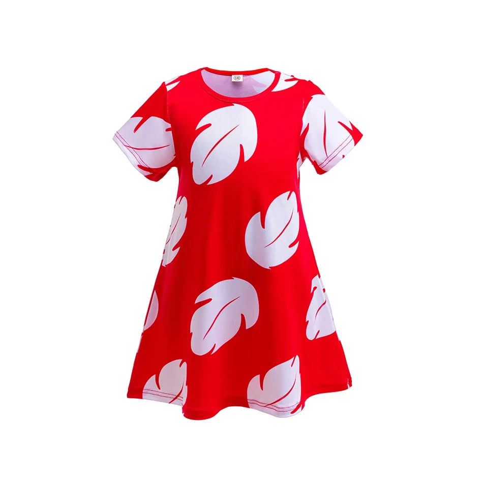 Costume Girl Cosplay Red Dress Short Sleeve Pajamas Hawaiian Printed Dress Summer Beach Outfit + Stitch Doll Set