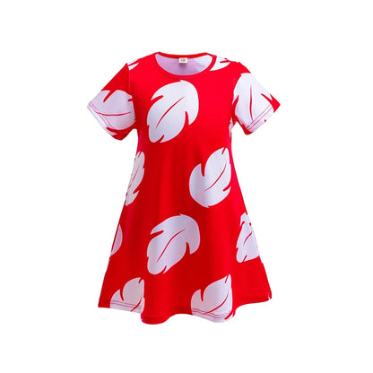 Costume Girl Cosplay Red Dress Short Sleeve Pajamas Hawaiian Printed Dress Summer Beach Outfit + Stitch Doll Set