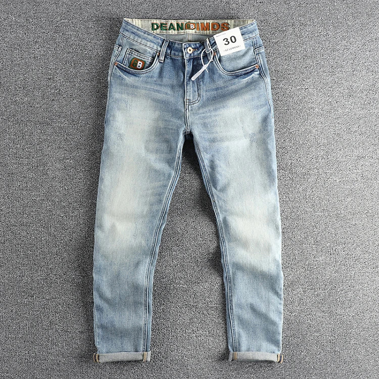 New wash light blue ground white jeans men's spring American fashion brand small straight leg retro casual youth pants