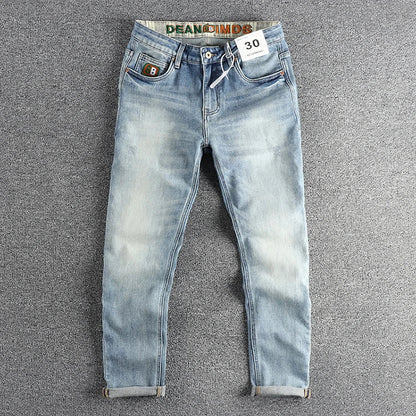 New wash light blue ground white jeans men's spring American fashion brand small straight leg retro casual youth pants
