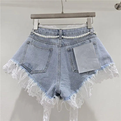 2026 Summer Denim Shorts New Splicing Hook Flower Lace Lace with Waist Rope Tassel Denim Shorts Women's Hot Pants Trend