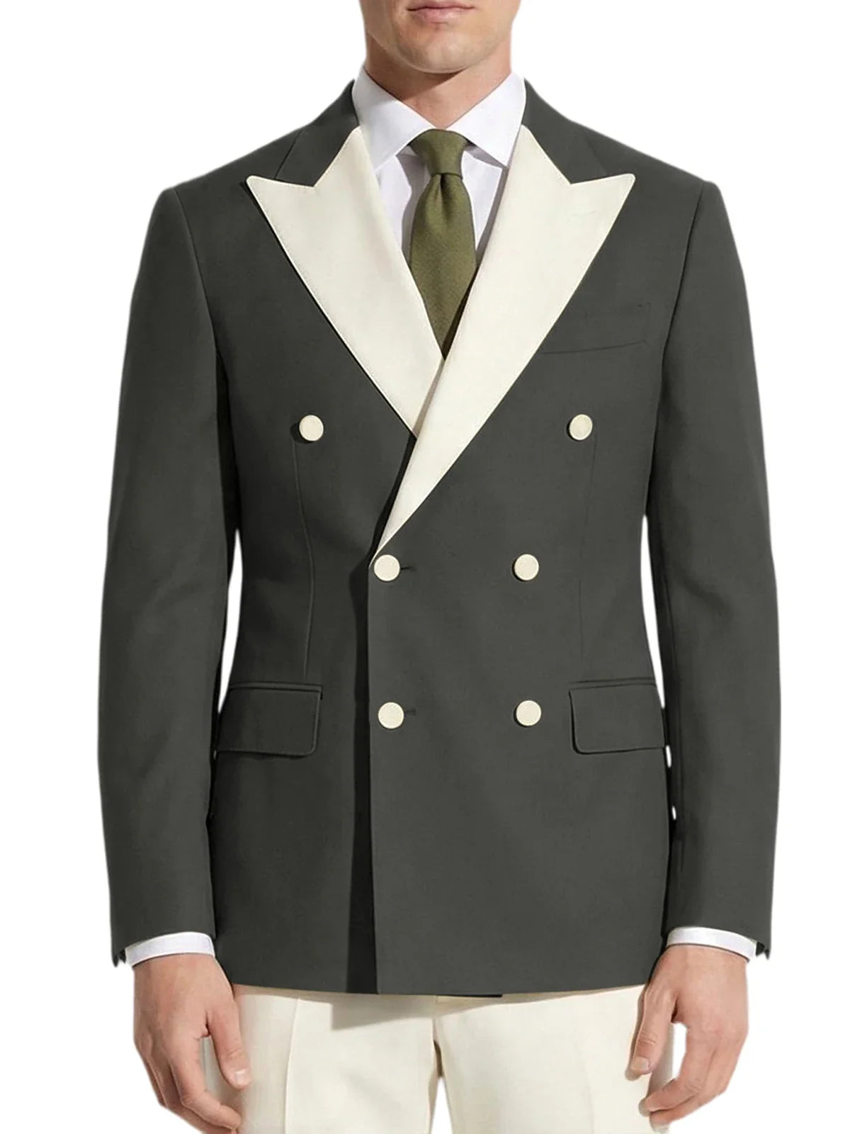 Classic Men's Tuxedo Jacket White Peak Lapel Patched Double Breasted Slim Fit Blazer for Business Formal Wedding Groom Prom Coat