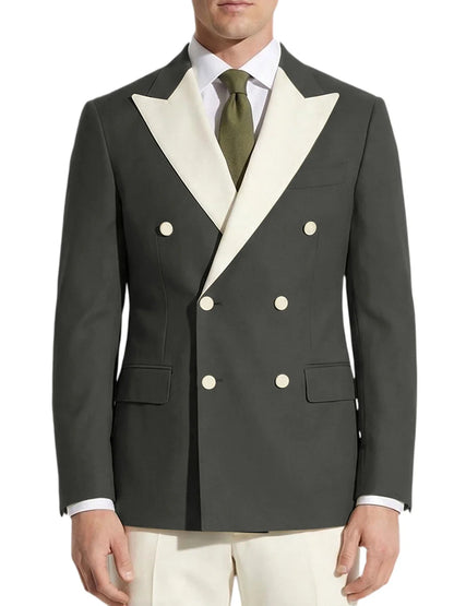Classic Men's Tuxedo Jacket White Peak Lapel Patched Double Breasted Slim Fit Blazer for Business Formal Wedding Groom Prom Coat