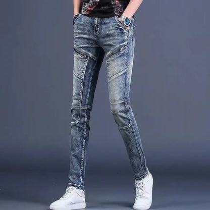 High-End Men's Slim Fit Jeans with Zipper Splicing Elastic Casual Long Trousers Trendy Retro Style Cotton Stretch Denim