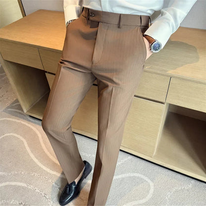 Autumn Winter Thick Suit Pants Men Elastic Waist Business Classic Straight Striped Formal Pants High Quality Slim Fit Trousers