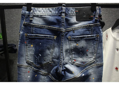 Street Fashion Men Jeans Retro Blue Stretch Slim Fit Spliced Ripped Jeans Men Painted Designer Hip Hop Vintage Denim Pants Homme
