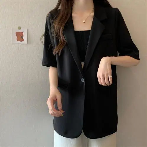 Loose Casual Thin Short Sleeve Women's Suit Jacket Summer New Style Korean Version Fashionable All-Match Lightweight Polyeste...