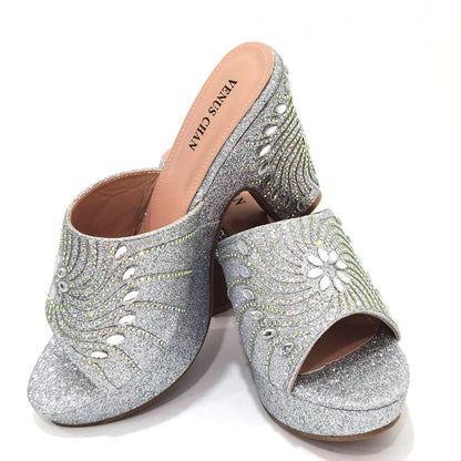 2023 The Latest Italian Design Rotary Rhine-Diamond Floral Thick Heel Platform Women's Comfortable Shoes Bag and Shoe Set