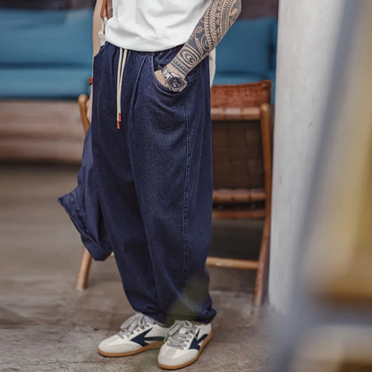 Casual 10oz Jogger Denim Jeans with Elastic Waist Drawstring Washed Straight Trousers for Men's Spring and Autumn Pants