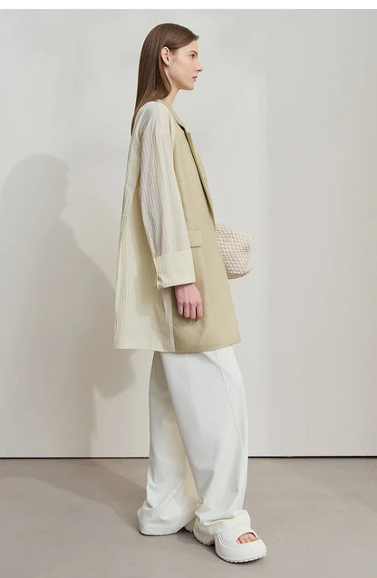 Minimalist Women's Fashion Casual Jacket 2025 Autumn Lyocell Linen Collision Splicing Crumple Texture Loose Blazer 12551008