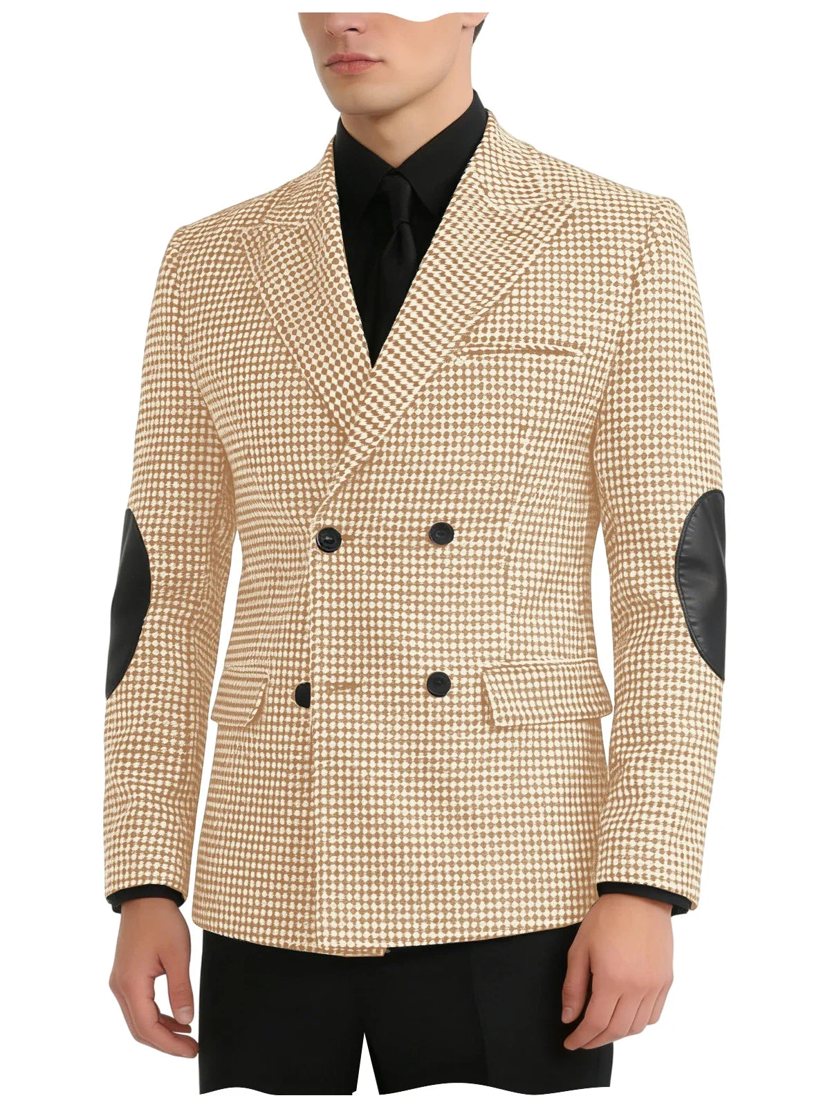 Men's Vintage Houndstooth Blazer Notch Lapel Leather Elbow Patches Slim Fit Jacket Business Casual Sport Coat For Spring Autumn