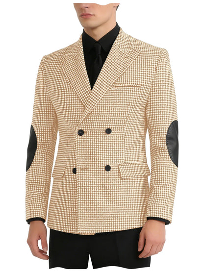 Men's Vintage Houndstooth Blazer Notch Lapel Leather Elbow Patches Slim Fit Jacket Business Casual Sport Coat For Spring Autumn