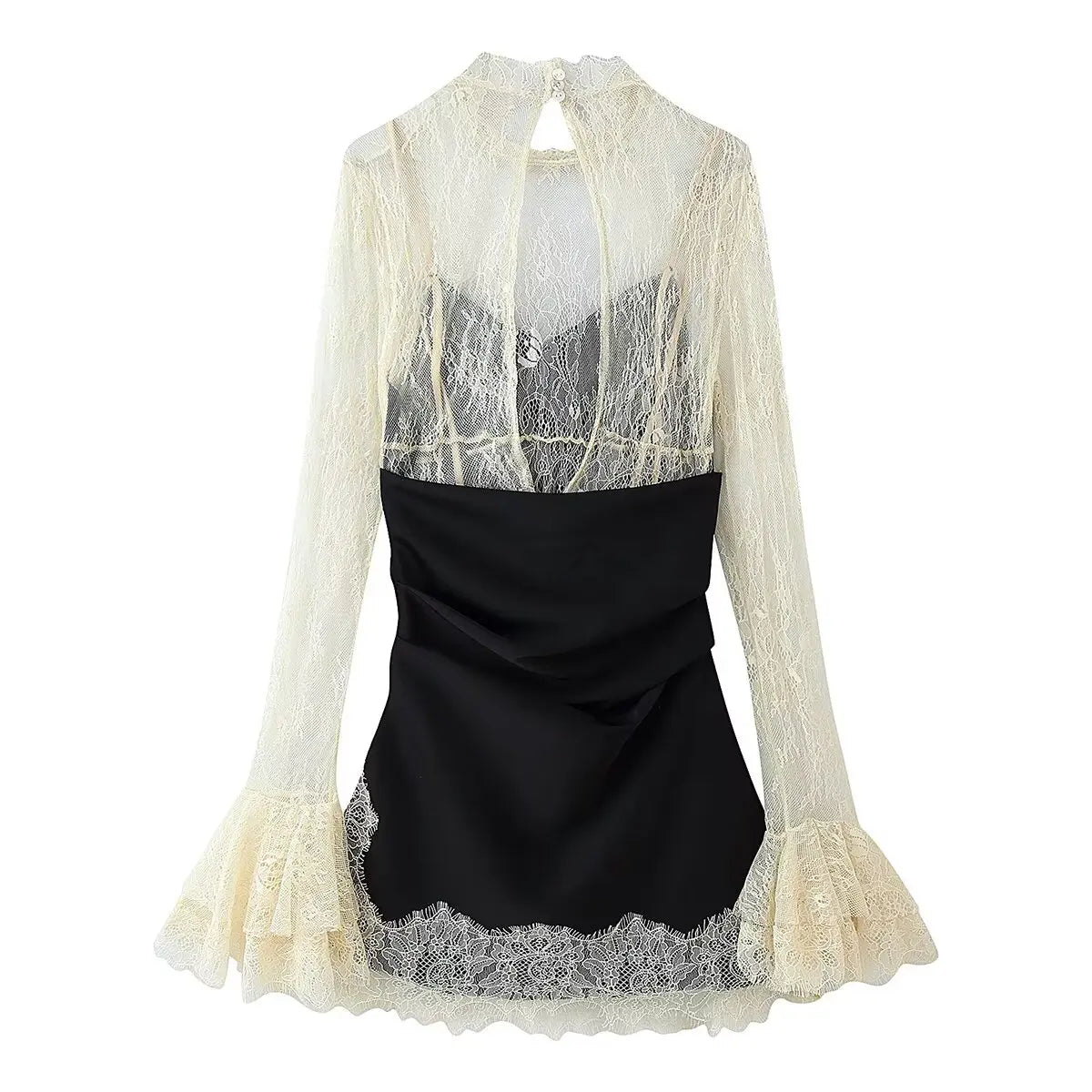 2026 Women Lace Patchwork Mini Dress Vintage Contrast Slim Long Sleeve Dresses Y2k Summer Fashion High Street Lady Chic Dress