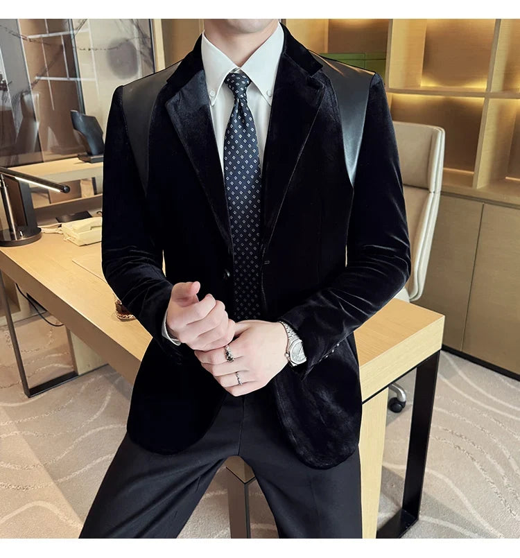 Autumn Winter New Men Mercerized Velvet Slim Fit Suit Coats Fashion Leather Splicing Casual Business Formal Party Tailcoat 4XL-M