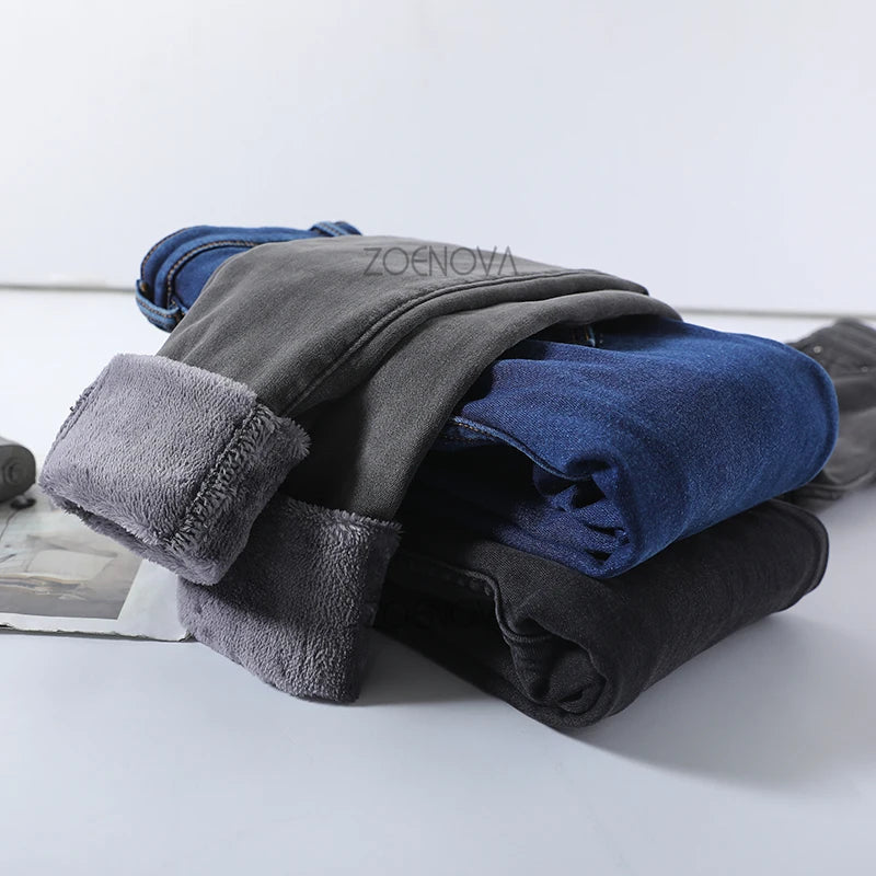 New Women Thick Velvet Jeans Fleece Warm Korean Fashion High Waist Skinny Elastic Pants Jean Casual Legging Winter 2023