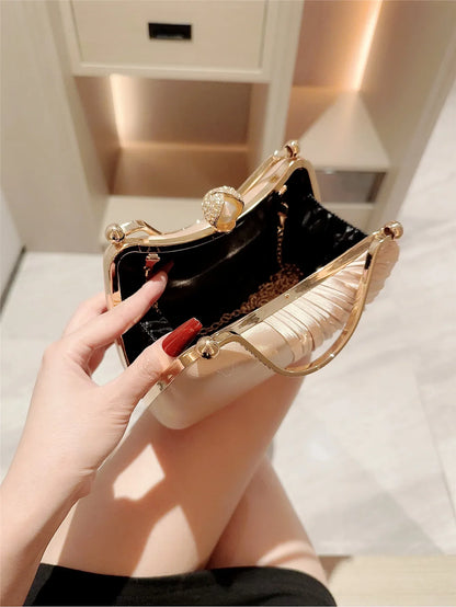 A fashion casual Satin Pleated Design Evening Bag Shiny Rhinestone Decor Prom Bag Romantic Wedding Bag Party Bag Evening Bag Dress Bag Bridal Bag Chain Bag Cocktail Handbag
