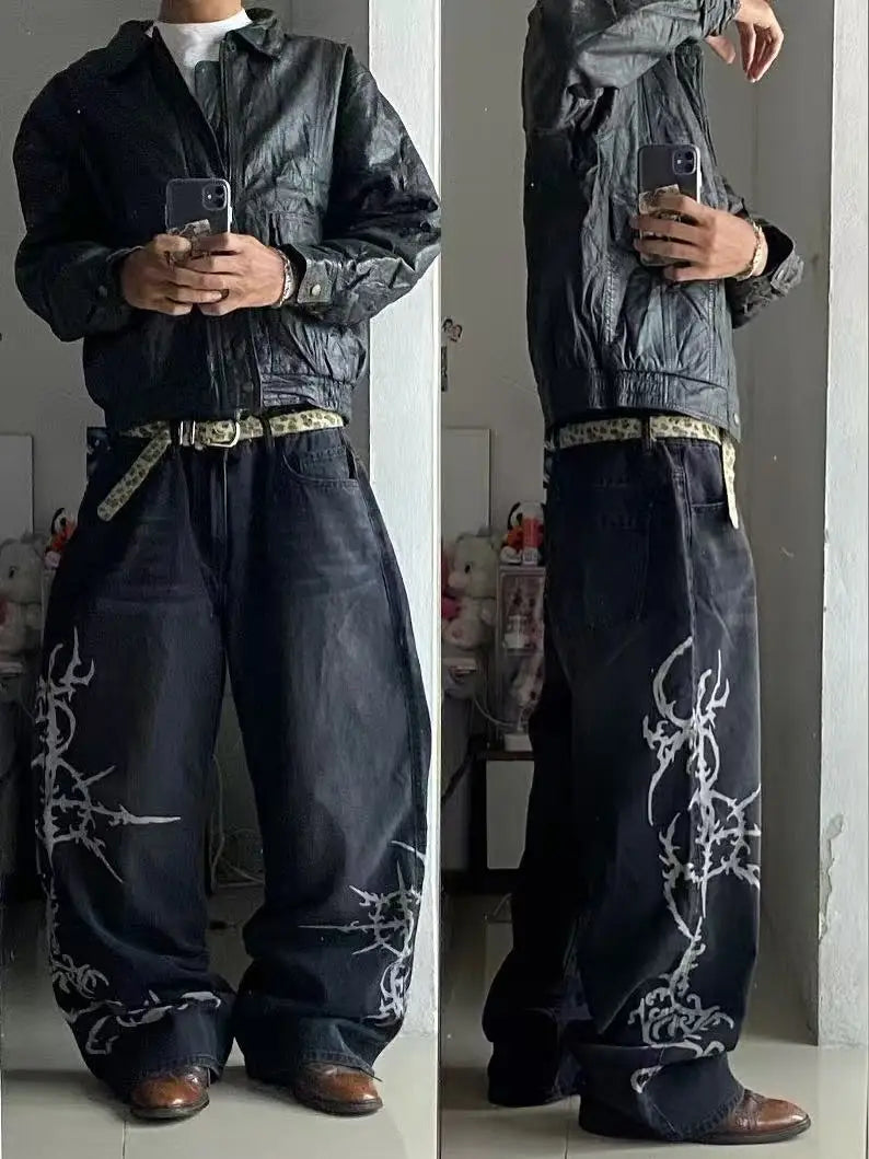 vintage style printing black baggy jeans harajuku trend men women hip hop fashion casual Joker couple Wide-leg pants streetwear