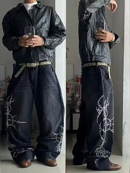 vintage style printing black baggy jeans harajuku trend men women hip hop fashion casual Joker couple Wide-leg pants streetwear