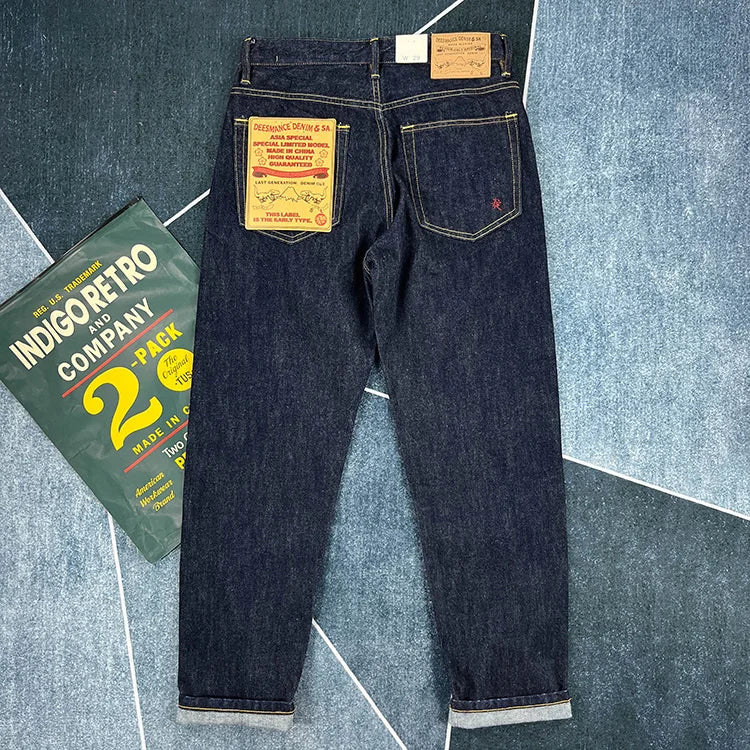14oz Red Selvedge Denim Jeans for Men Heavyweight Raw Desilted Indigo Cotton Pants Youth Male Fashion Loose Straight Trousers