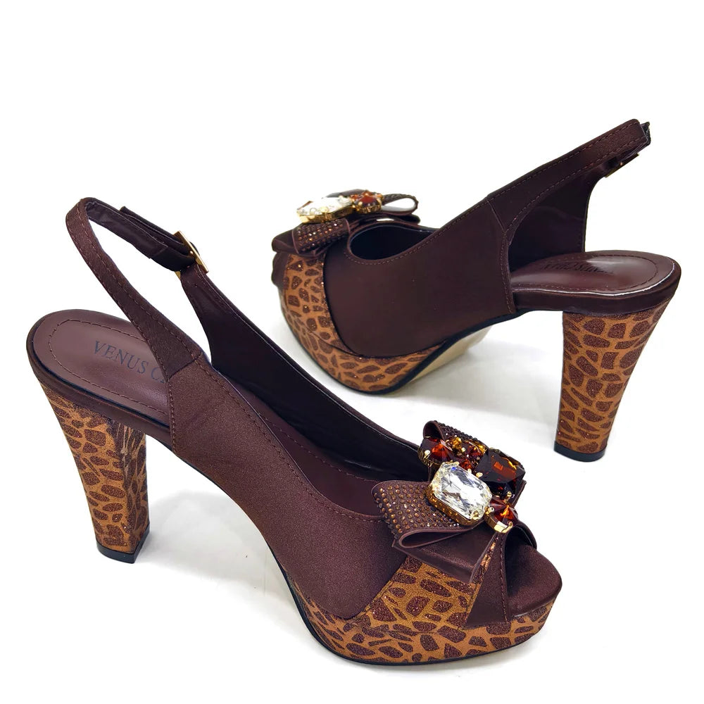 Shoes for Women High Heels INS Style Rhinestone Peep Toe Bow Gold Color New Italian Shoes and Bag for Party 2024