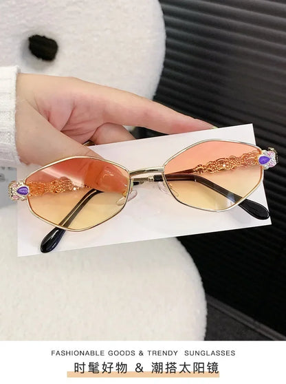 Retro Geometric Polygon Metal Frame Sunglasses with Colorful Enamel Temple Arms UV400 Trendy Women's Fashion Shades Gafas De Sol