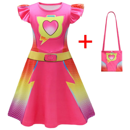 Children's SuperKitties Dresses Super Kitties Cosplay Costume Girls Flying Sleeves A-Line Dress Bag Mask Carnival Birthday Gift