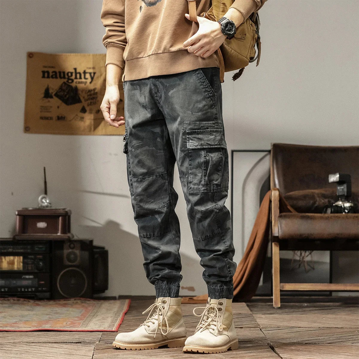 Length Men's Cargo Pant Cotton Stretch Casual Camouflage Trouser Male Camo Cuff Jogger Multi Zip Pocket Outfit Zipper Tied