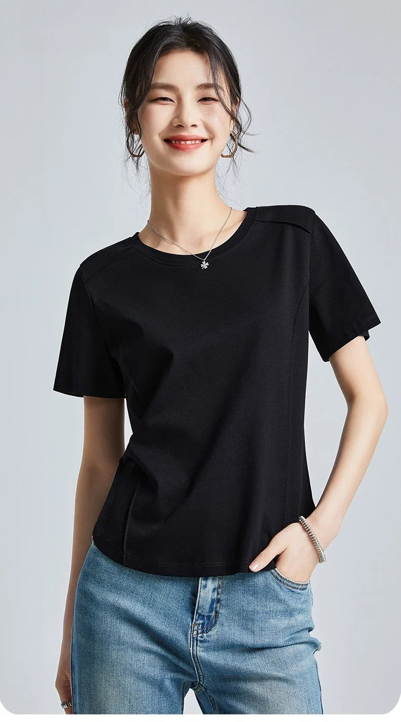Summer Women's White Mercerized Cotton T-Shirt | 3D Stitching Round Neck Basic Top | Plus Size Slim Fit Layered Casual Blouse