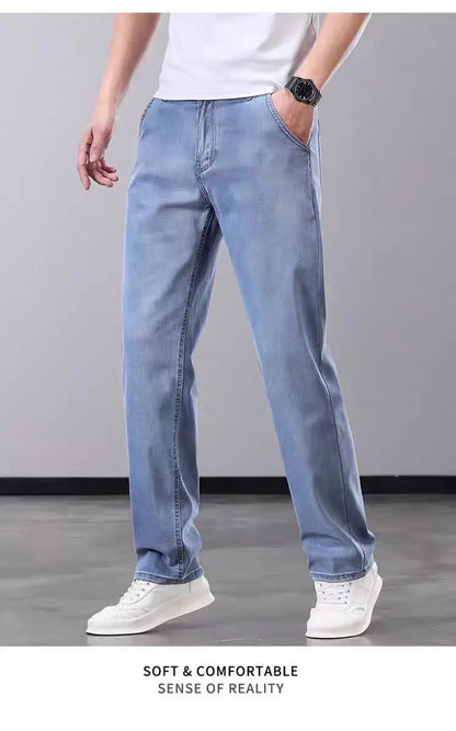 Summer Thin Straight Loose Wide Leg Pants Men's Silk Smooth Denim Jeans Casual Long Trousers Business Gentleman Style Water W...