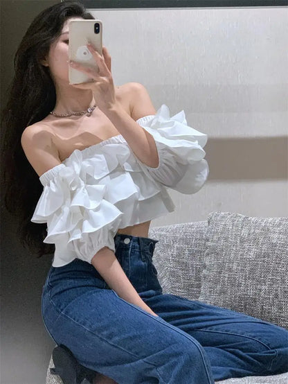 Off Shoulder Fashion Woman Blouse Stacked Ruffles Crop Top Shirt Summer Designer Short Sleeve Chiffon Sexy 2023 New