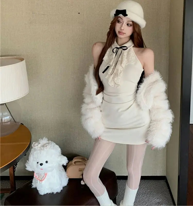 Hotsweet Y2k Dress Women Lace Splicing Bow Halter Waist Slim Fit Hip Mini Dresses Fashion Birthday Party Vestido Summer