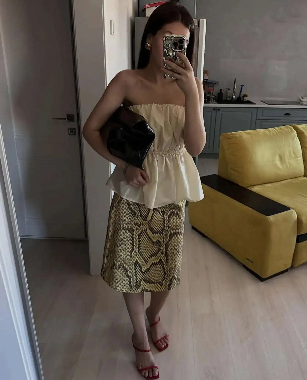 Snakeskin Printed Fashion Skirt Women's High Waist Slim Contrast Patchwork Commute Streetwear Female Vintage Y2k Skirt DDX8