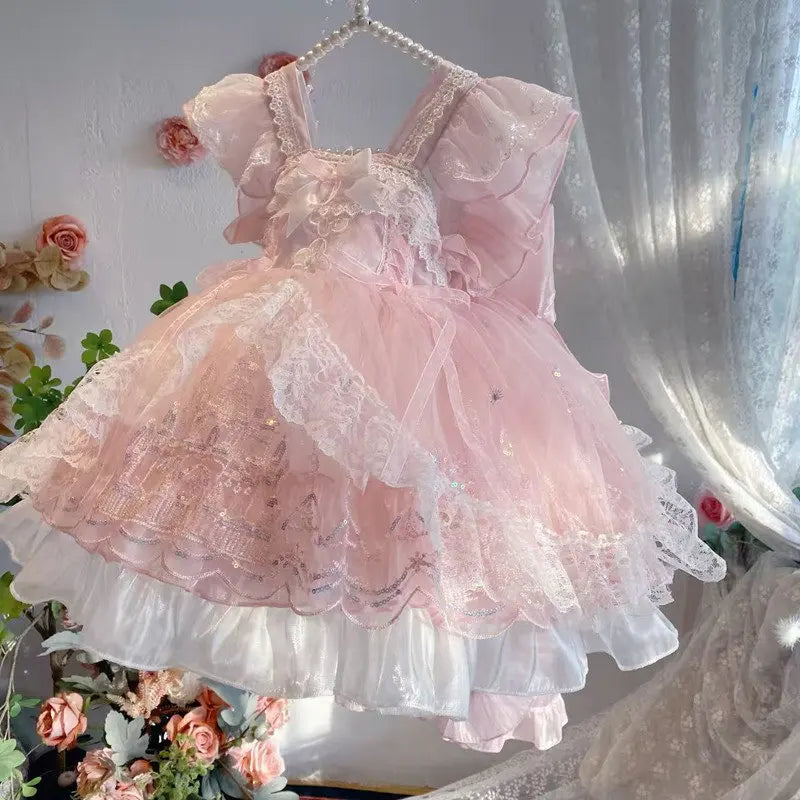 Sweet Baby Girls Summer New Pink Lolita Princess Dress Kids Tulle Ruffle Trim Feifei Sleeve Bow Birthday Performance Ball Gown