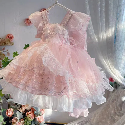 Sweet Baby Girls Summer New Pink Lolita Princess Dress Kids Tulle Ruffle Trim Feifei Sleeve Bow Birthday Performance Ball Gown