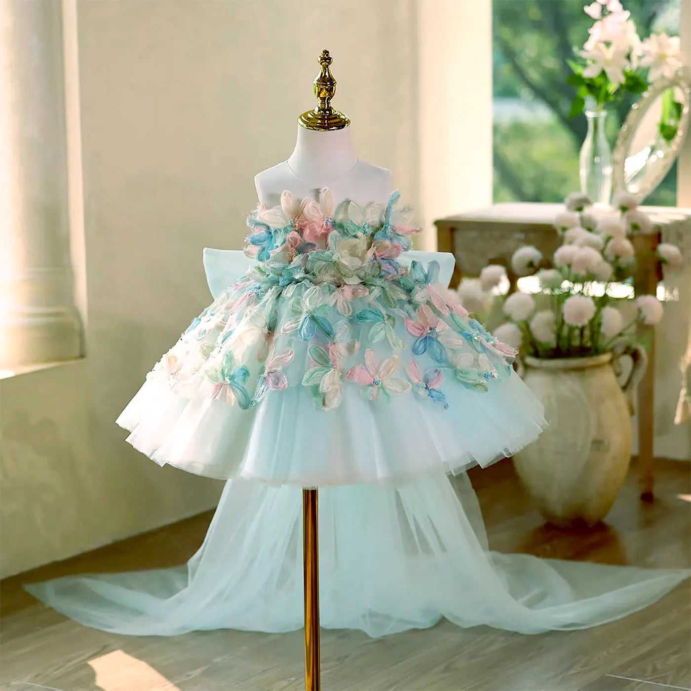 D113 Elegant Turquoise Flower Girl Dress Lace Knee Length Princess Children Wedding 1st Birthday Pageant Party Gown