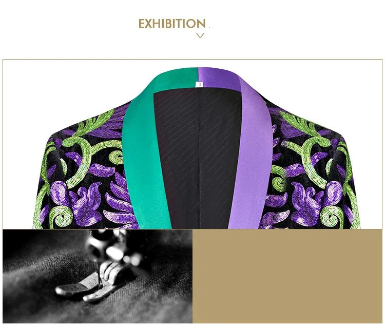2024 New Flat Velvet Large Flower Sequin Jacquard Mens Blazer, Purple  Stage Performance Suit Dress, Host Fashion Show Jacket