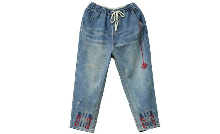 Fashion Summer Ladies Ripped Loose Jeans Womens Leisure Embroidery Denim Trousers Vintage Females Elastic Harem Pants