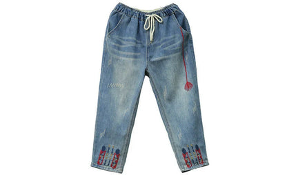 Fashion Summer Ladies Ripped Loose Jeans Womens Leisure Embroidery Denim Trousers Vintage Females Elastic Harem Pants