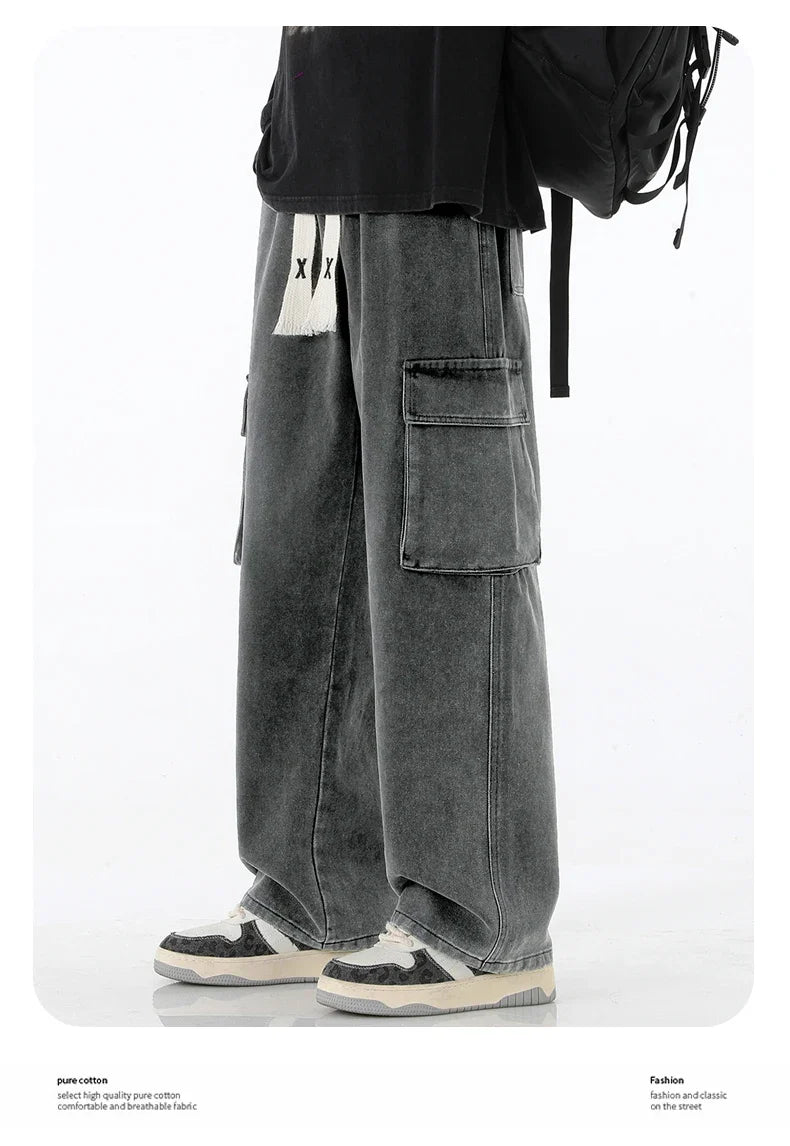 2024 New Men Baggy Cargo Jeans Fashion Streetwear Vintage Wide Leg Pants American Streetwear Y2K Big Pocket Youth Overalls