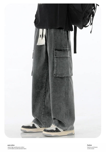 2024 New Men Baggy Cargo Jeans Fashion Streetwear Vintage Wide Leg Pants American Streetwear Y2K Big Pocket Youth Overalls