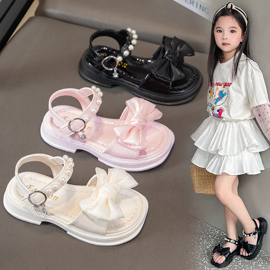 2026 Girls Sandals Kids Soft Soles Casual Princess Shoes New Water Diamond Beach Shoes Bow Shaped Girl Sandals
