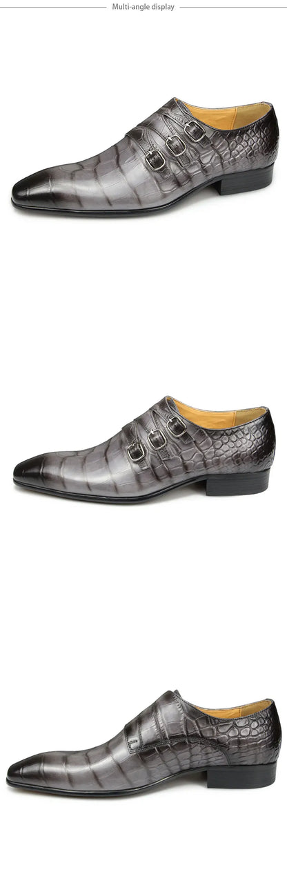 Fashion Business Men Leather Shoes Crocodile Print Wedding Party Office High Grade Genuine Leather Shoes Grey Pointed Toe Loafer