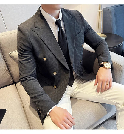 6 Color Luxury Double Breasted Blazers Coats 2024 New Fashion Checkered Business Slim Fit Social   Formal Suit Jacket 5XL-M