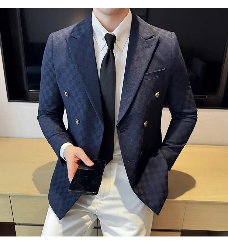 6 Color Fashion Double Breasted Plaid Suit Jacket Luxury Men Slim Fit Business Social Wedding Formal Suit Coats Plus Size 5XL-M