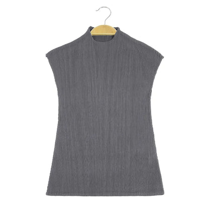Miyake Versatile Classic Simple Solid Color Stand Up Collar Pleated Top Women Slim Slim Short Sleeve Miyake T-shirt Summer 2025