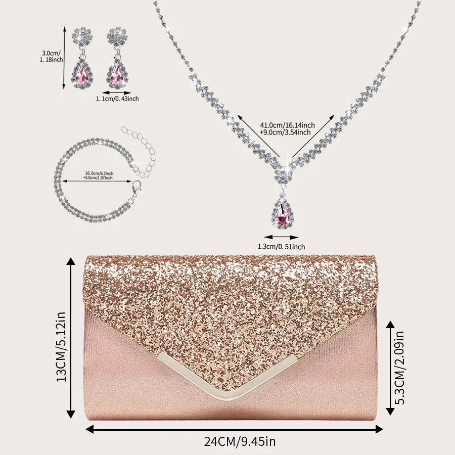 Gorgeous and elegant sparkly women's clutch bag, paired with a gorgeous rhinestone necklace, earrings and bracelet set of four.