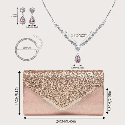 Gorgeous and elegant sparkly women's clutch bag, paired with a gorgeous rhinestone necklace, earrings and bracelet set of four.