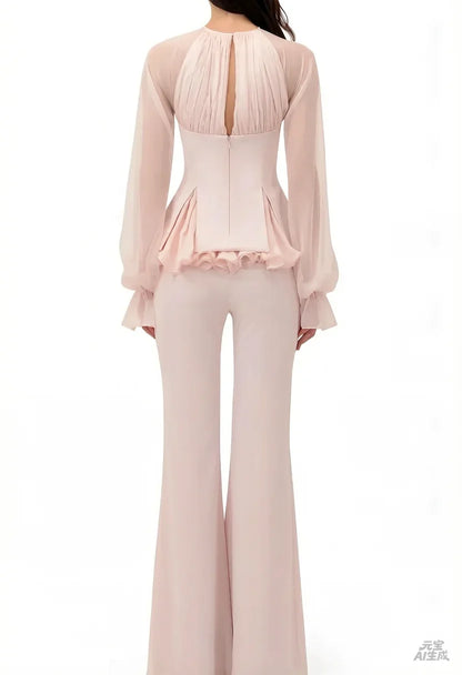 Customized Light Pink Elegant Pantsuit Evening Dresses Sheer Long Sleeves Wedding Party Dress Pleats Ruched Formal Prom Gown