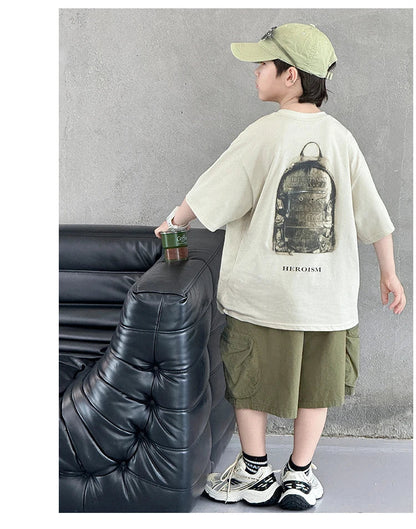 New Summer Korean Children Fashion Suit for Teen Boy Cotton Top And Bottom Set Kids Casual Tshirt Shorts 2PCS Clothing Set 7-16Y