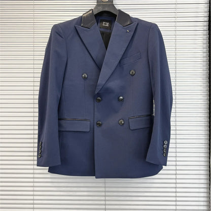 (1 Pcs Jackets) New Thicken Thicken Striped Casual Suit Jacket Fashion Splicing Leather Neck Men's Business Slim Blazers Tuxedos